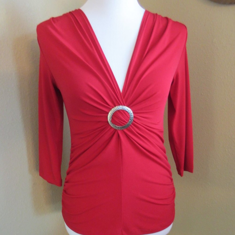 AGB BRAND RED KNIT TOP WITH SILVER EMBELLISHMENT AND 3/4 LENGTH SLEEVE SMALL